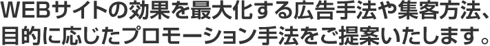 WEBサイトの効果を最大化する広告手法や集客方法、目的に応じたプロモーション手法をご提案いたします。